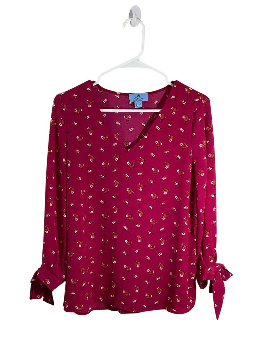 CeCe Magenta Floral V-Neck Long Sleeve Blouse with Tie Cuffs